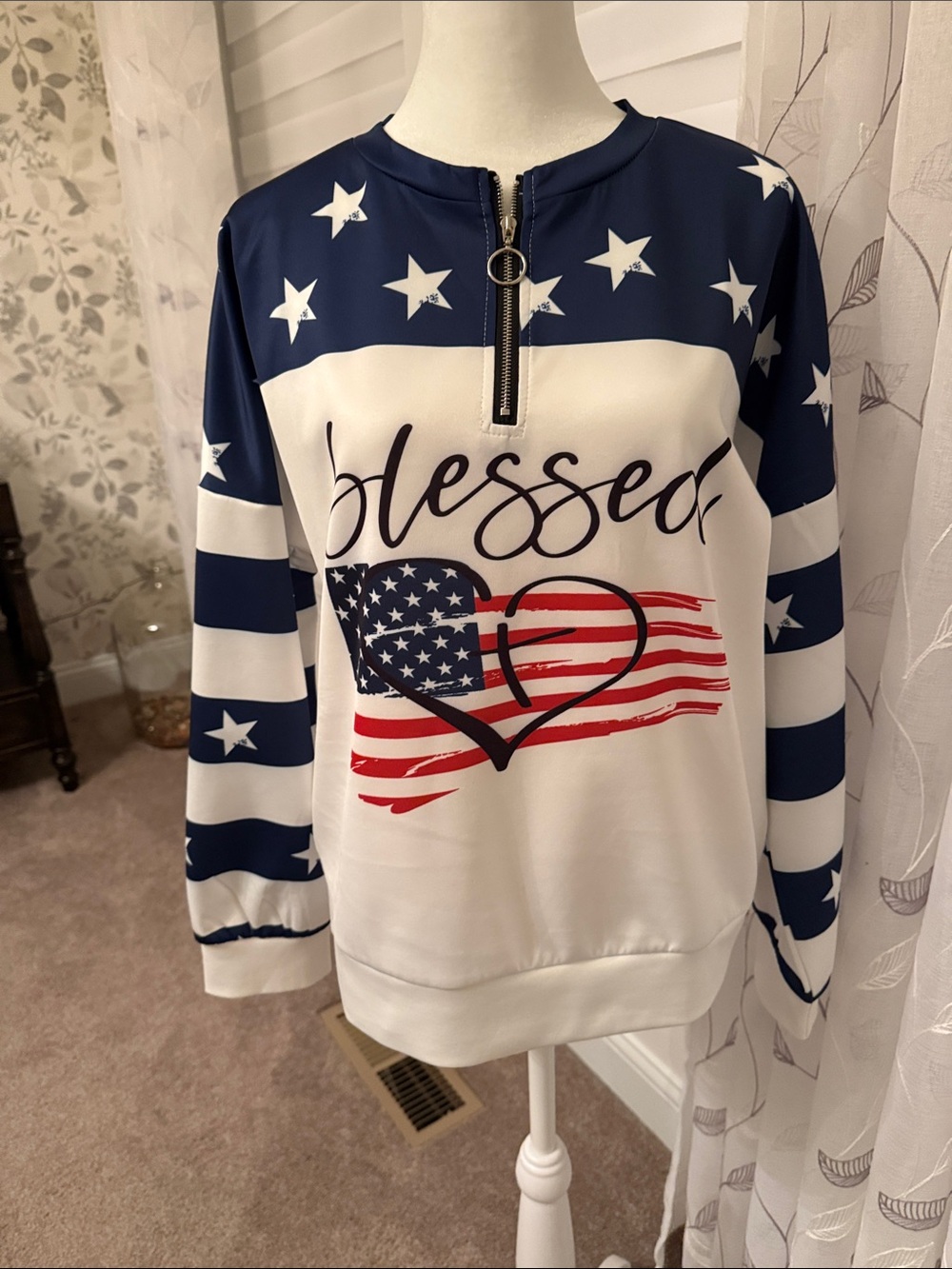 Blessed Flag Heart Zip Pullover - Navy, White & Red